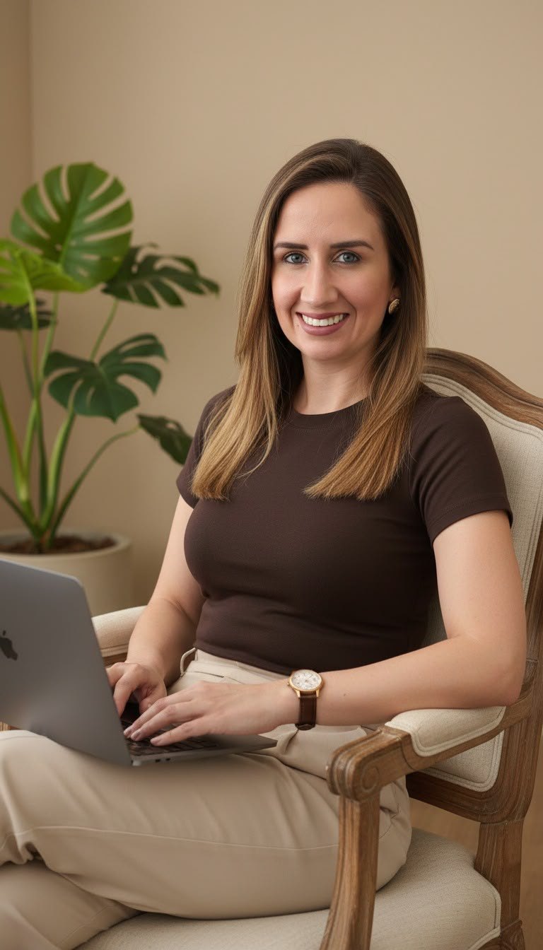 Bianca Machado, psicóloga, sorrindo em sua poltrona com o notebook