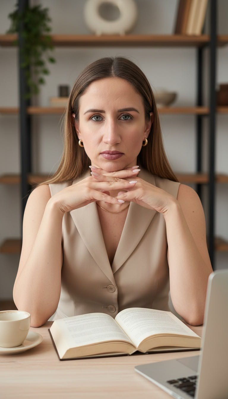 Bianca Machado à mesa de trabalho, com livro aberto